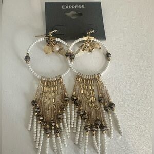 Express Beaded Hoop Chandelier Earrings – White & Gold – NWT